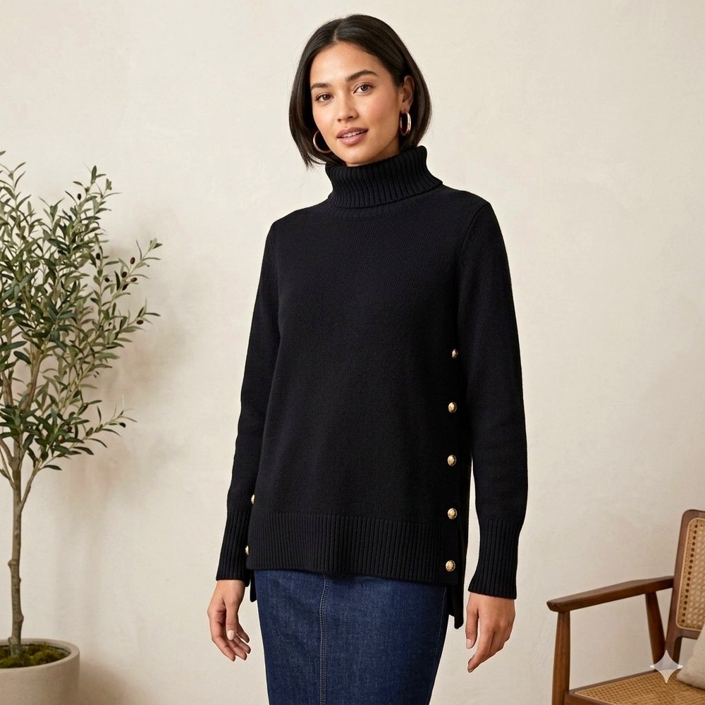 Tuckernuck Sophia Black Wool Turtleneck Sweater Gold Side Button Tunic XS NWT